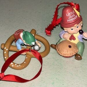 2 Hallmark Ornaments 1987 Seasoned Greeting 1988 Little Jack Horner Mother Goose